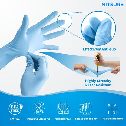 Blue Nitrile Disposable Gloves 5.5 Mil, Bulk Pack 101/201/501/1000 Count, Latex-Free Powder-Free Chemical Resistant Elastic Fit