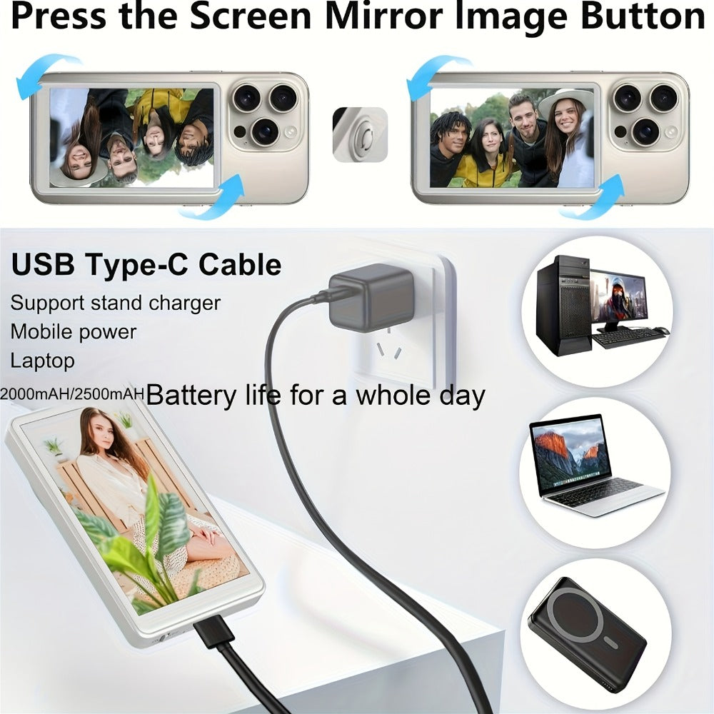 Wireless Selfie Monitor Screen for iPhone Android, 2500mAh Battery, Remote Control, 3-Level Brightness & Wide Screen Mode