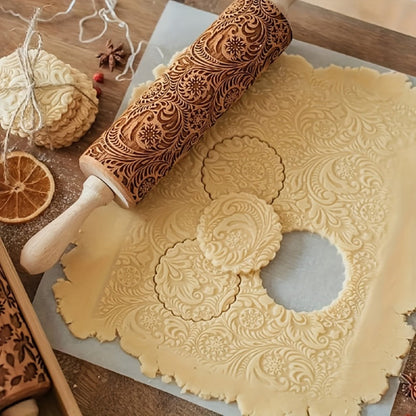 Embossed Wooden Rolling Pin with Engraved Pattern, Decorative Patterned Rolling Pin for Cookie Baking
