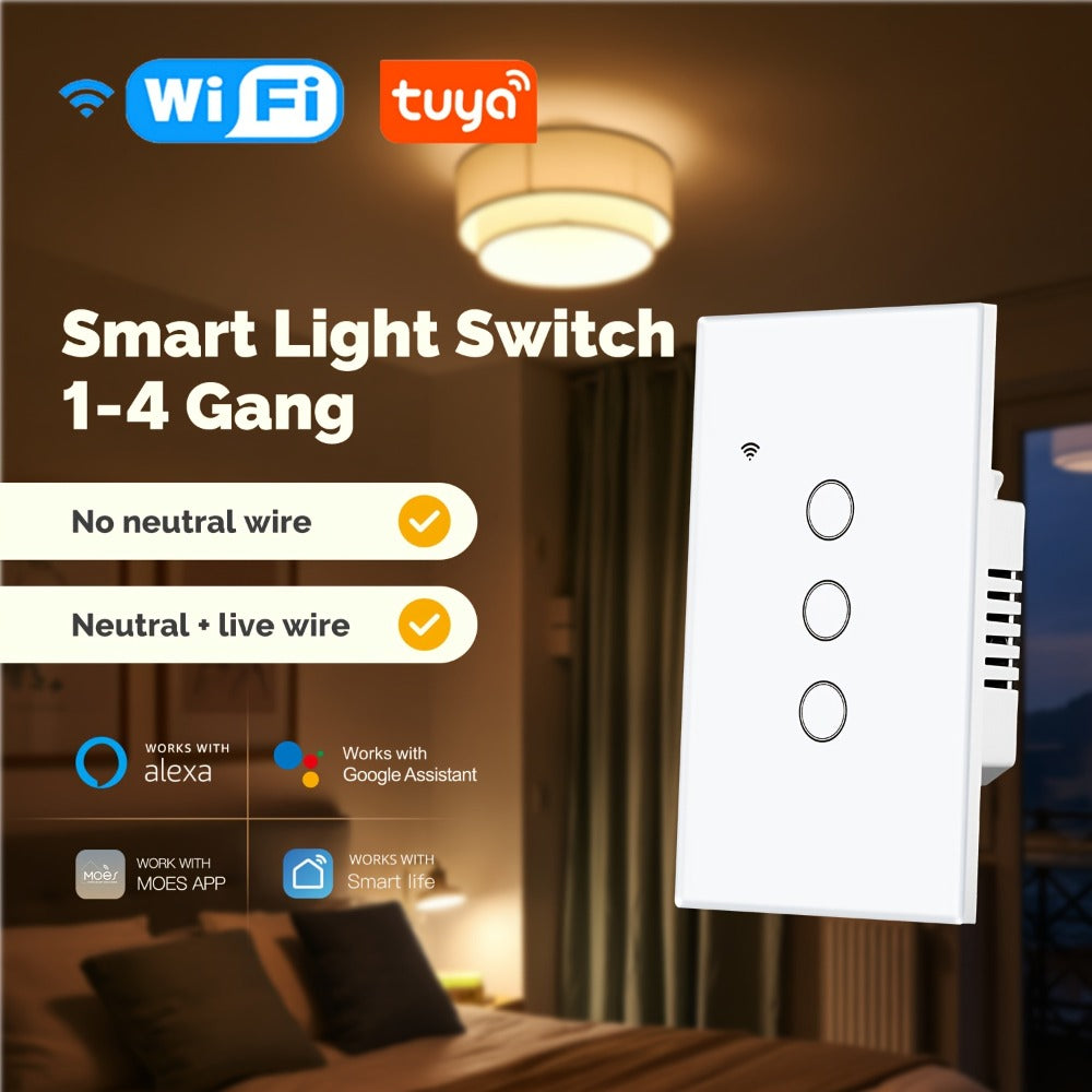 No Neutral Wire Smart Touch Wall Switch MOES WiFi 1/2/3 Gang Single Fire, Works with Alexa & Google Home