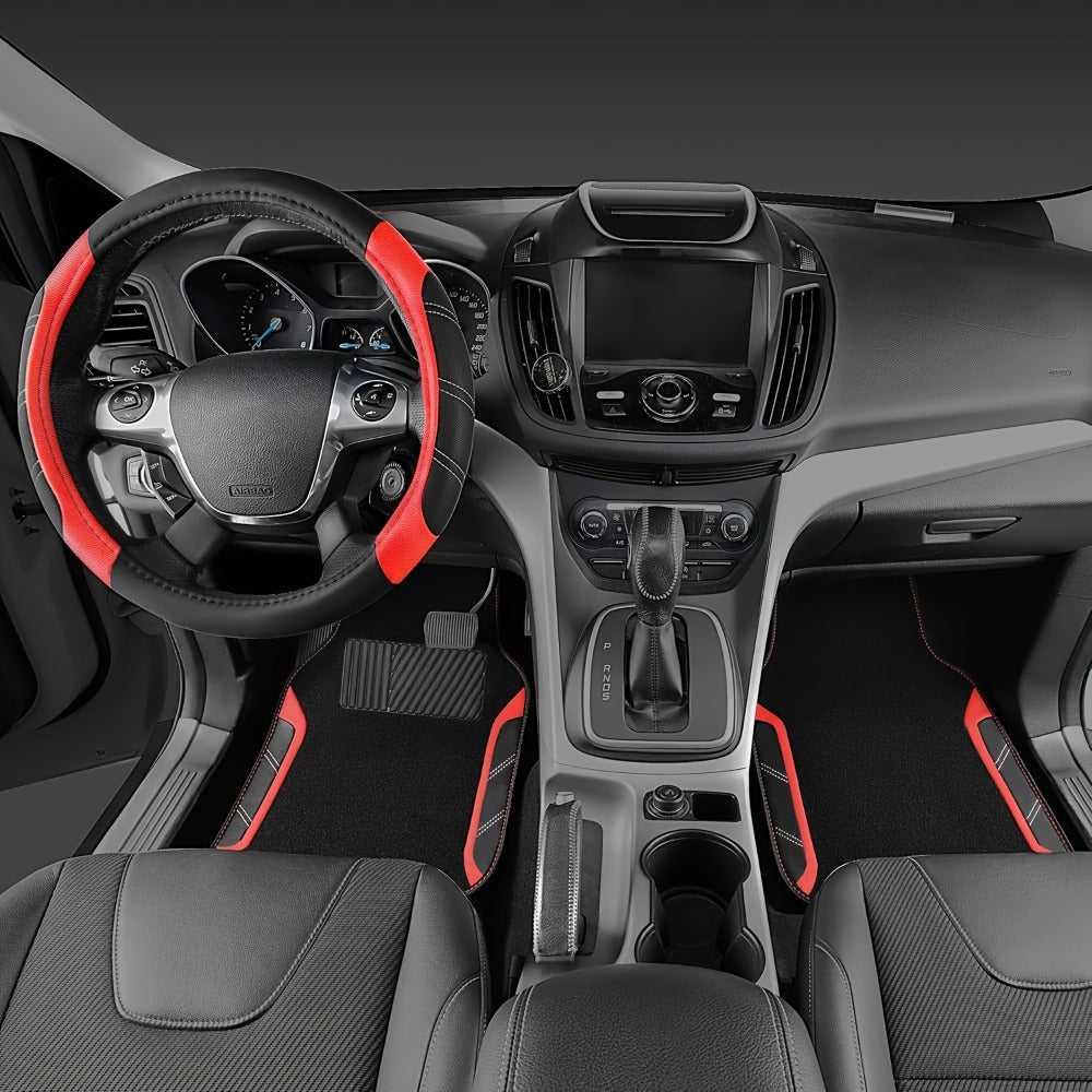 Steering Wheel Cover & Waterproof Car Floor Mats Combo Set – Microfiber Anti-Slip Universal Fit 14.5-15 Inch for 95% Sedan SUV Cars