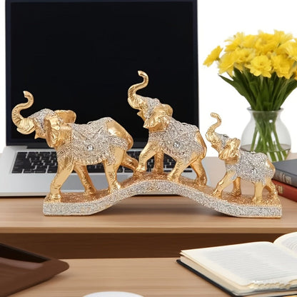 Golden Elephant Figurine Set of 3 – Lucky Elephant Statue Home Decor, Resin Elephant Family Sculpture for Living Room TV Cabinet Office