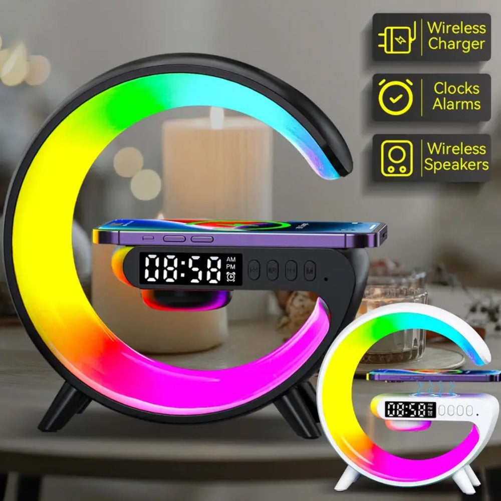 Wireless Speaker Sunrise Alarm Clock with RGB Rhythm Night Light and Fast Wireless Charging in Black or White