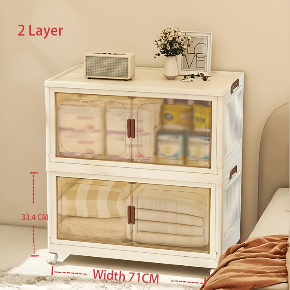 Foldable Storage Cabinet with Door, Multi-Layer Stackable Storage Box for Shoes, Clothes & Books