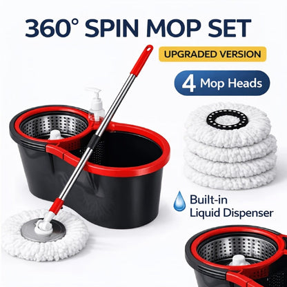Spin Mop and Bucket Set 360° with 4 Microfiber Mop Heads – Wringer Bucket Floor Cleaning Kit for Hardwood Tile Laminate
