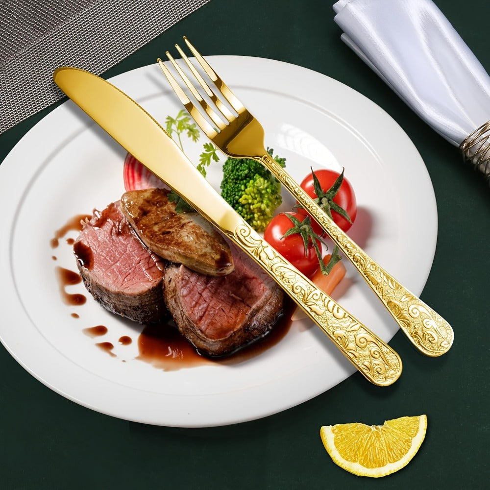 Flatware Set Stainless Steel Vintage Carved Cutlery Set Knife Fork Spoon for Family Gatherings Holiday Parties Kitchen Decor