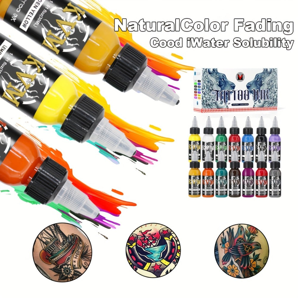 Tattoo Ink 7- or 14-Color Set with 1oz 30ml Bottles and Three Palette Configurations with Item-Specific Color, Capacity and Bottle Choices