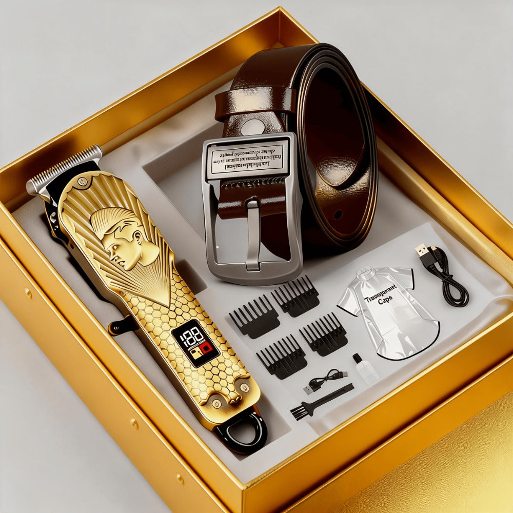 JH702 Hair Clipper Set with DC01 Fashion Belt, Digital Display, USB Charging and Two Engraved Design Options