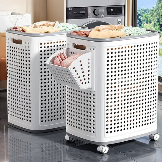 Wheeled Laundry Hamper Large Foldable with Dividers & Dust-Proof Lid – 360° Breathable Mesh Basket on Wheels, Reinforced Steel Base