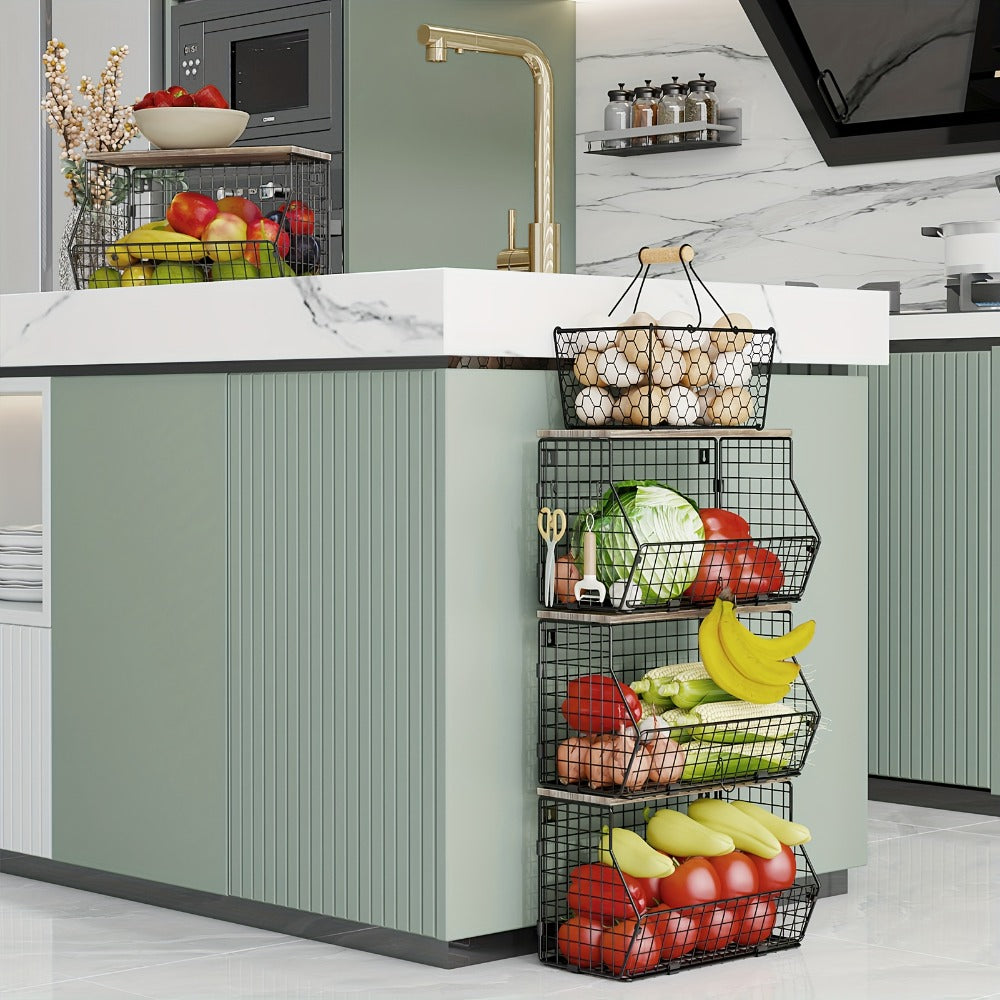 Stackable Metal Wire Fruit Basket with Lid, 1 or 2-Tier Hanging Kitchen Pantry Storage Bin