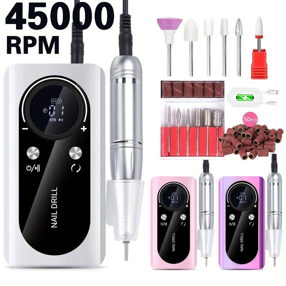 Low Noise Nail Drill Machine 45000RPM Rechargeable with LCD Display – Quiet Electric E-File for Gel Polish Acrylic Natural Nails