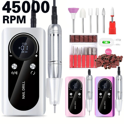 Low Noise Nail Drill Machine 45000RPM Rechargeable with LCD Display – Quiet Electric E-File for Gel Polish Acrylic Natural Nails