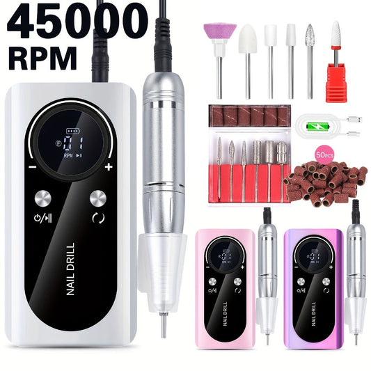 Low Noise Nail Drill Machine 45000RPM Rechargeable with LCD Display – Quiet Electric E-File for Gel Polish Acrylic Natural Nails