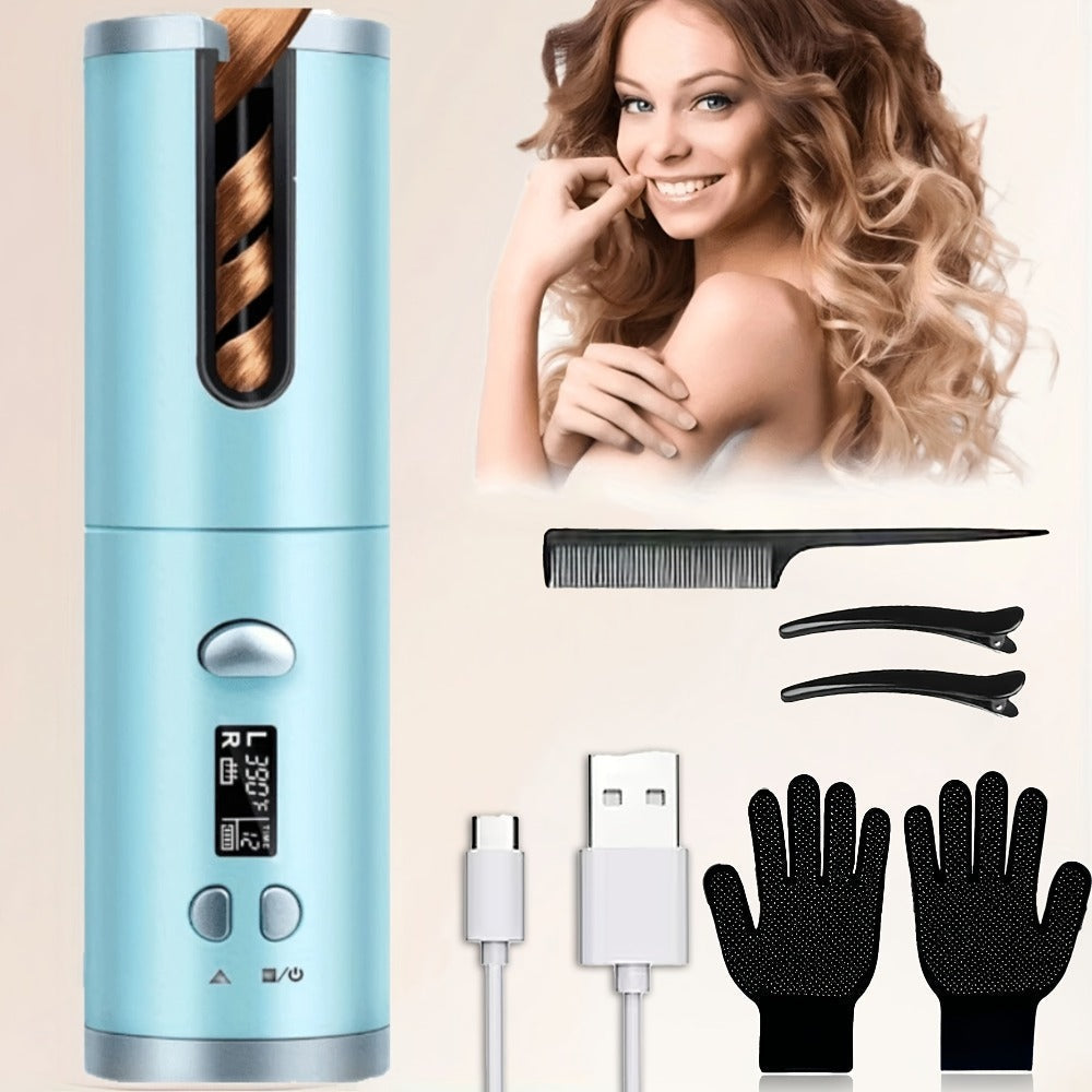 USB-Rechargeable Automatic Curling Chamber with Six Heat Settings, LCD Timer and Four Color Options