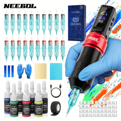 Cordless Rotary Tattoo Machine Kit Complete Set with Screen Display 6-8Hr Battery 20 Needles 7 Inks
