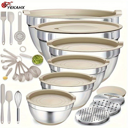 Stainless Steel Mixing Bowls with Airtight Lids 26pcs Set, 3 Grater Attachments, Bottoms, 7Qt 4Qt 2.5Qt 2Qt 1.5Qt 1Qt