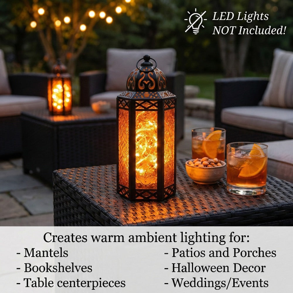 Moroccan Candle Lantern Holder - Decorative Metal & Glass Lantern with Embossed Floral Design for Indoor Home Decor