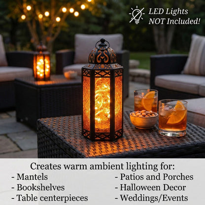 Moroccan Candle Lantern Holder - Decorative Metal & Glass Lantern with Embossed Floral Design for Indoor Home Decor