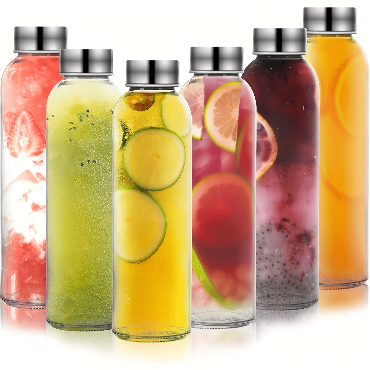 Glass Water Bottles 6-Pack, 18 oz Clear Reusable Juice Bottles with Stainless Steel Lids for Drinks and Refrigerator Storage