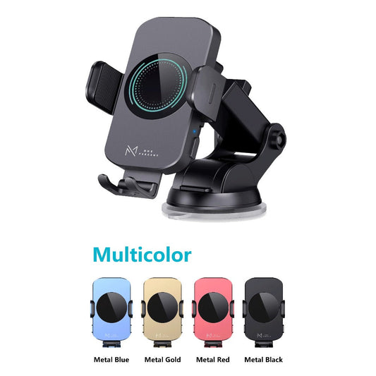 15W Auto-Clamping Wireless Car Phone Mount with Dashboard Suction Base and Blue or Gold Finish