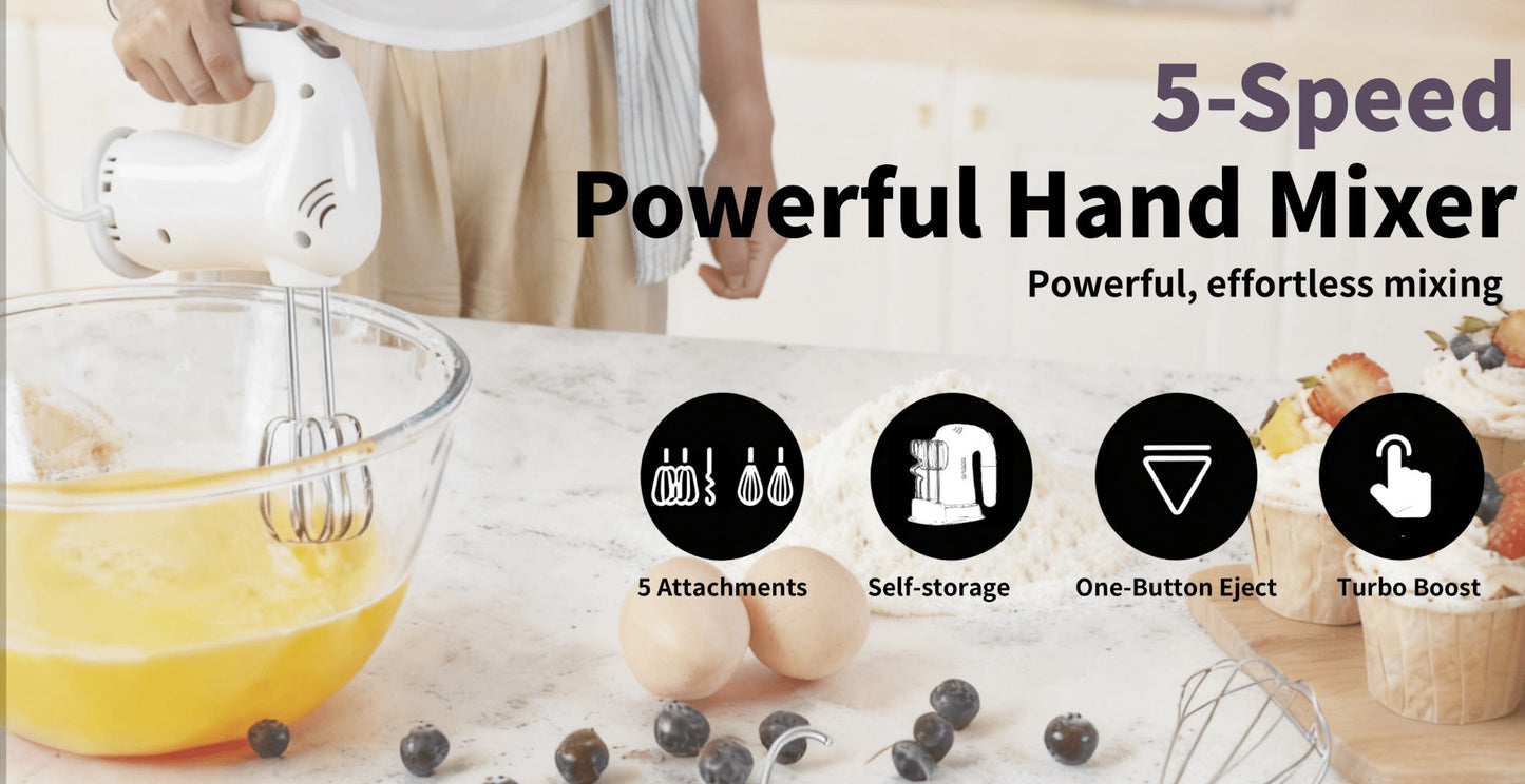 Hand Mixer Electric 400W with Storage Stand & 5-Speed Turbo Boost, 5 Stainless Steel Attachments for Baking Cream Cake Dough Cookie