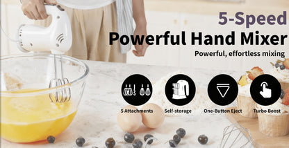 Hand Mixer Electric 400W with Storage Stand & 5-Speed Turbo Boost, 5 Stainless Steel Attachments for Baking Cream Cake Dough Cookie