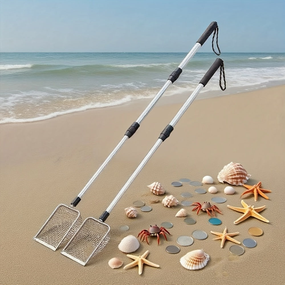 Beach Sand Sifter Scoop Telescopic Handle – Stainless Steel Retractable 3-Section Scoop for Treasure Hunting Shell Collecting Beach Combing