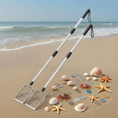 Beach Sand Sifter Scoop Telescopic Handle – Stainless Steel Retractable 3-Section Scoop for Treasure Hunting Shell Collecting Beach Combing