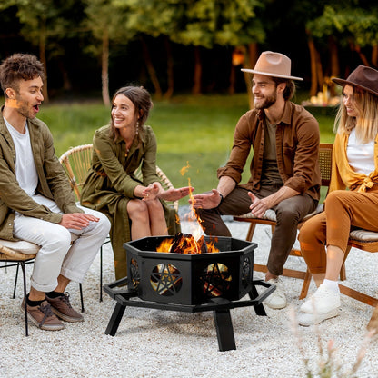 Square Fire Pit Table 32 Inch Metal Wood Burning Outdoor Fire Pit with Mesh Lid, Poker & Tabletop for Backyard Patio Garden Gatherings