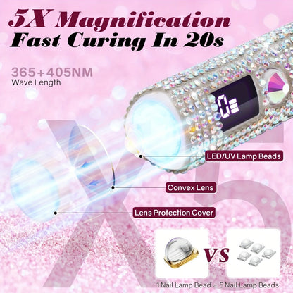 Rechargeable Single Finger LED Nail Lamp UV Gel Curing Light 365nm 405nm Dual Wavelength Rhinestone