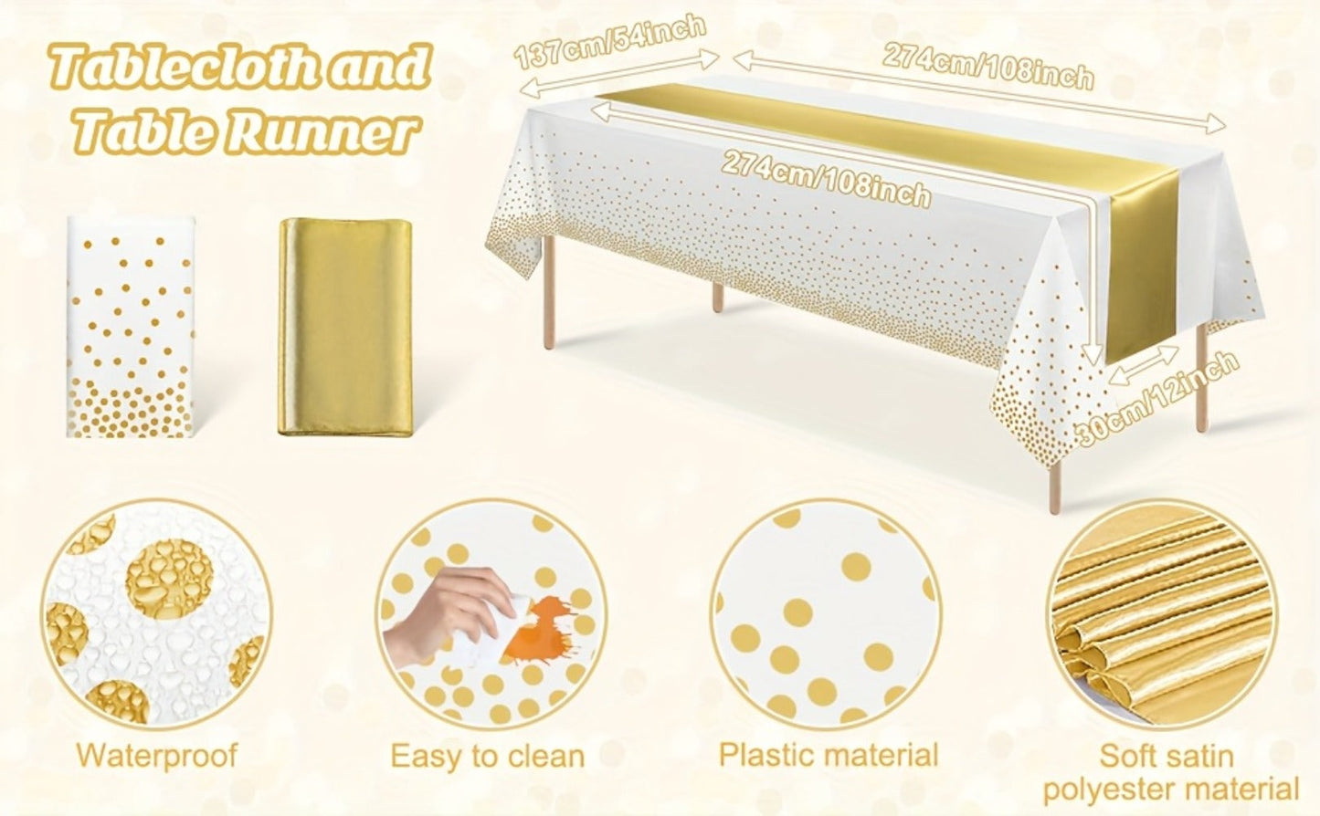 Disposable Tablecloth & Table Runner Set 10 Pack White Gold – Plastic Party Table Covers for Wedding Birthday Graduation Anniversary Baby