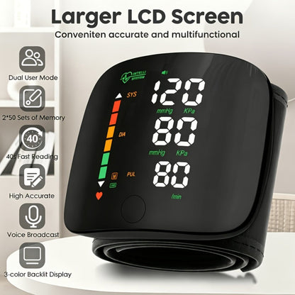 Wrist Blood Pressure Monitor Professional – Automatic BP Monitor with High-Precision LCD Display, Voice Language Prompts & Memory Function