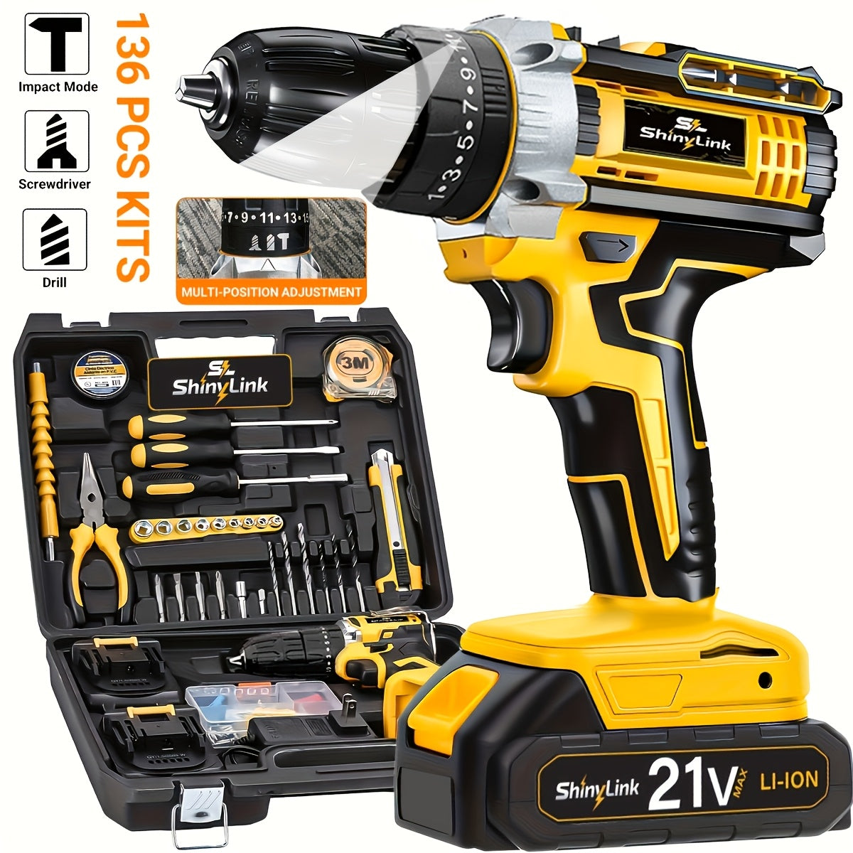 21V Cordless Drill Set Electric Drill Driver Kit with Lithium Battery Screwdriver Bits Hand for Entryways, Bedrooms and Living Spaces