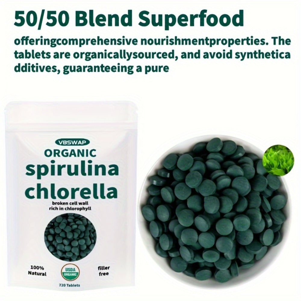 Organic Chlorella & Spirulina Tablets 720 Count, 4 Month Supply, 50/50 Superfood Blend, Cracked Cell Wall