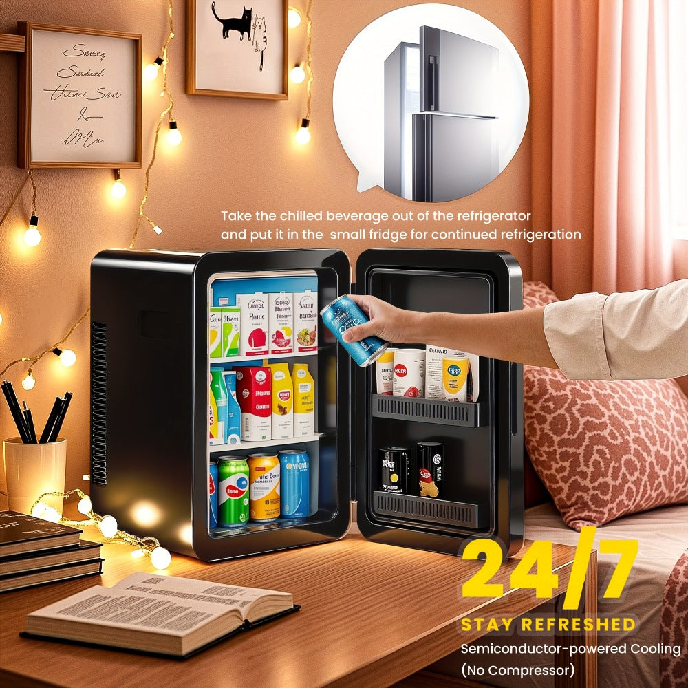 Mini Fridge with Glass Front Door 15.8QT/23.3QT - Portable Cooler and Warmer AC/DC 12V, Small Refrigerator for Bedroom
