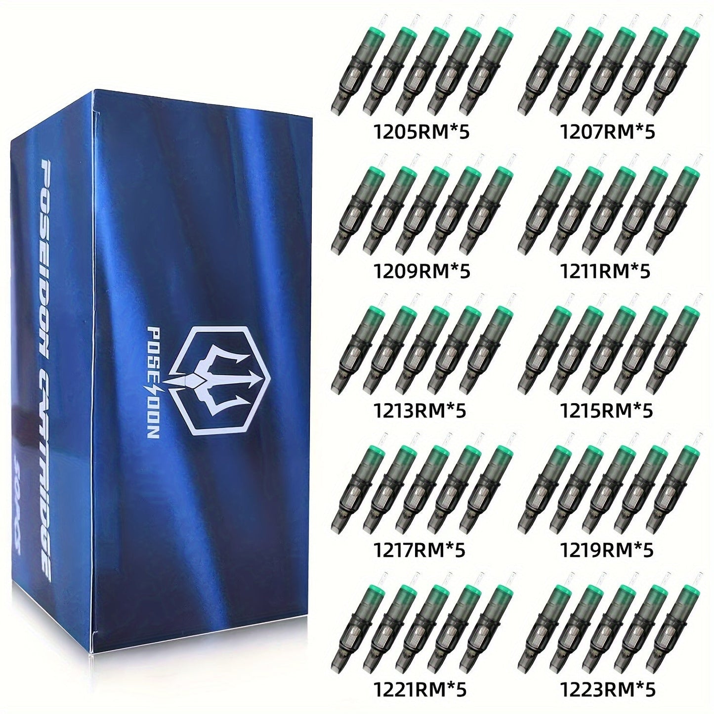 Tattoo Cartridge Needles 50Pcs Assorted - Poseidon TUV 0.30mm Stainless Steel RL RS M1 for Temporary Body Art, Festivals and Costumes