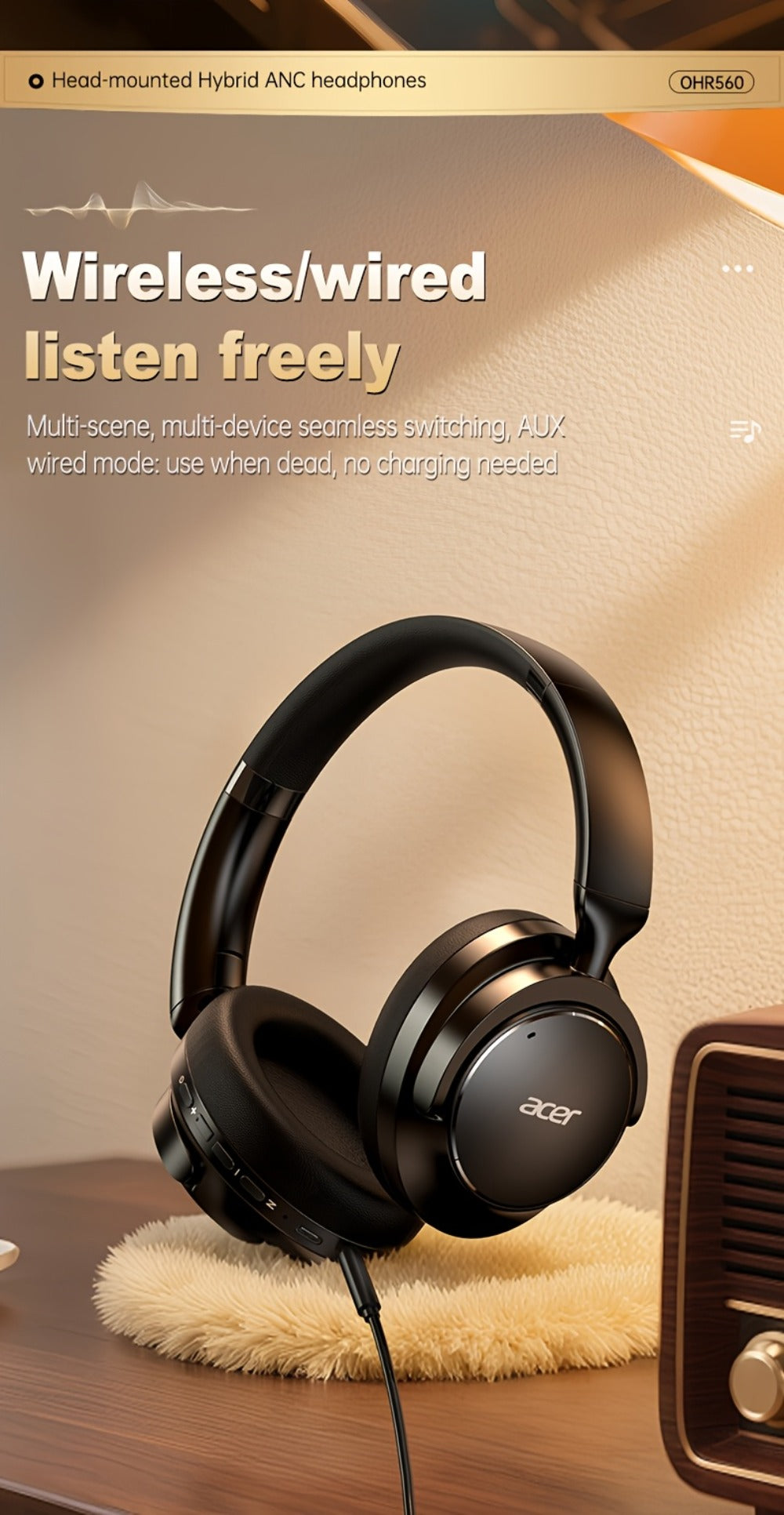 Acer OHR560 Over-Ear Headphones with Bluetooth 5.3, 40mm Drivers, ANC and ENC Labels, Foldable Earcups and AUX