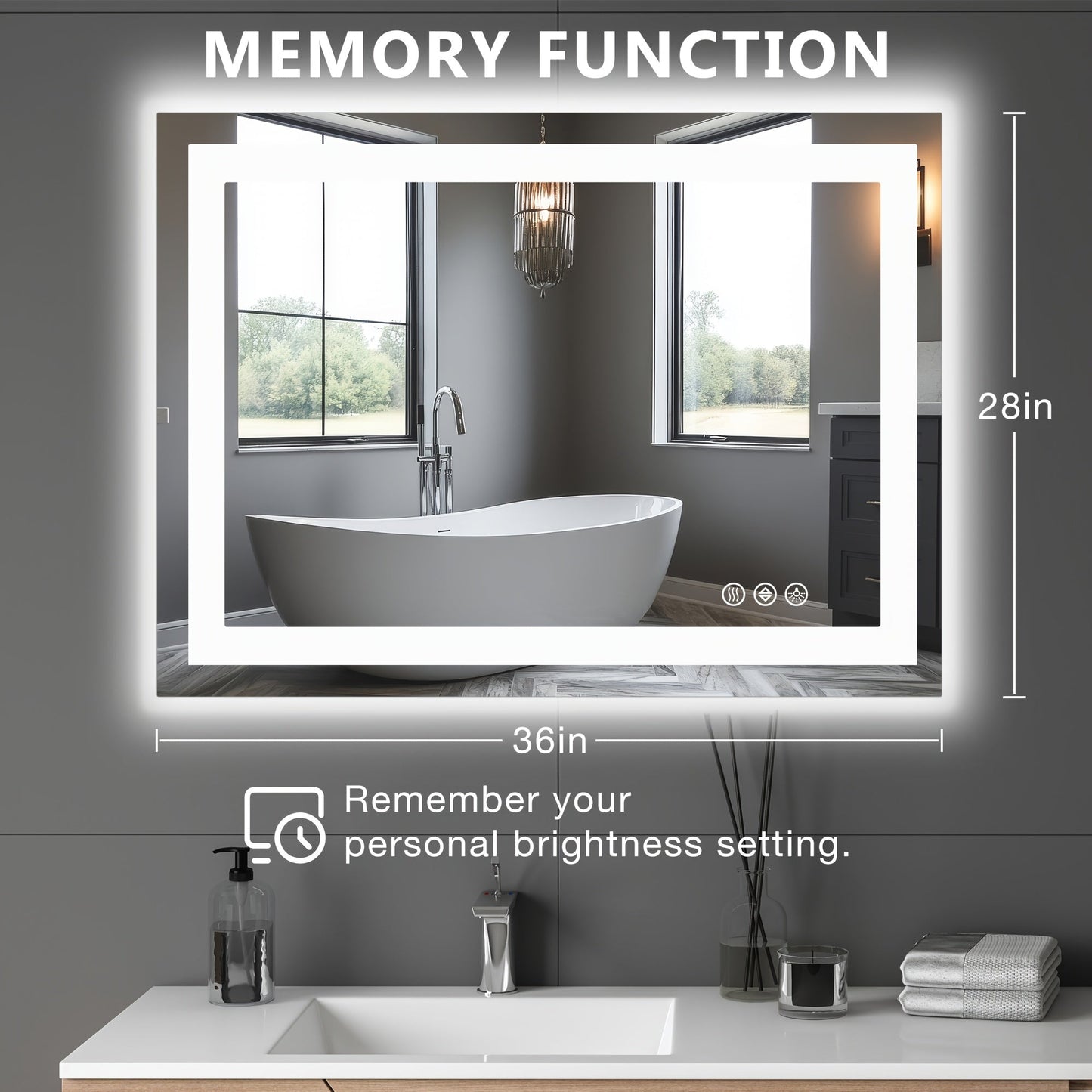 LED Bathroom Mirror with Anti-Fog, Dimmable Vanity Mirror, 3 Color Lighting Modes, Dual Light, Wall Mounted Horizontal or Vertical