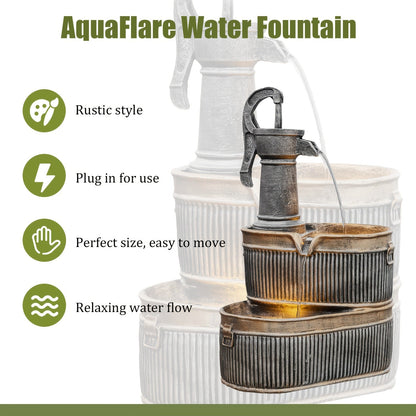 Outdoor Water Fountain 2-Tier Barrel with LED Light & Pump - Rustic Resin Garden Fountain for Patio