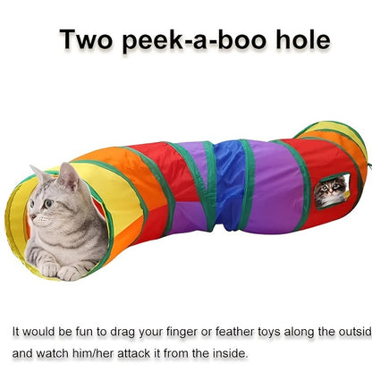Collapsible Cat Tunnel Toy – Foldable S-Shaped & 3-Way Tube with Ball & Peek Holes, Rainbow Colors, Connectable Cat Play Tunnel for Indoor
