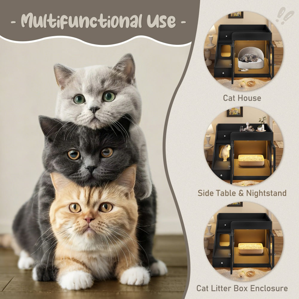 Cat Litter Box Enclosure Furniture Hidden Cabinet with LED Light & 2 Drawers – MDF Indoor Cat House Side Table with Acrylic Door