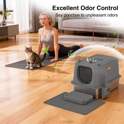 Extra Large Enclosed Cat Litter Box – Stainless Steel with Front Flap Door, Foldable Anti-Splash Fully Covered Design
