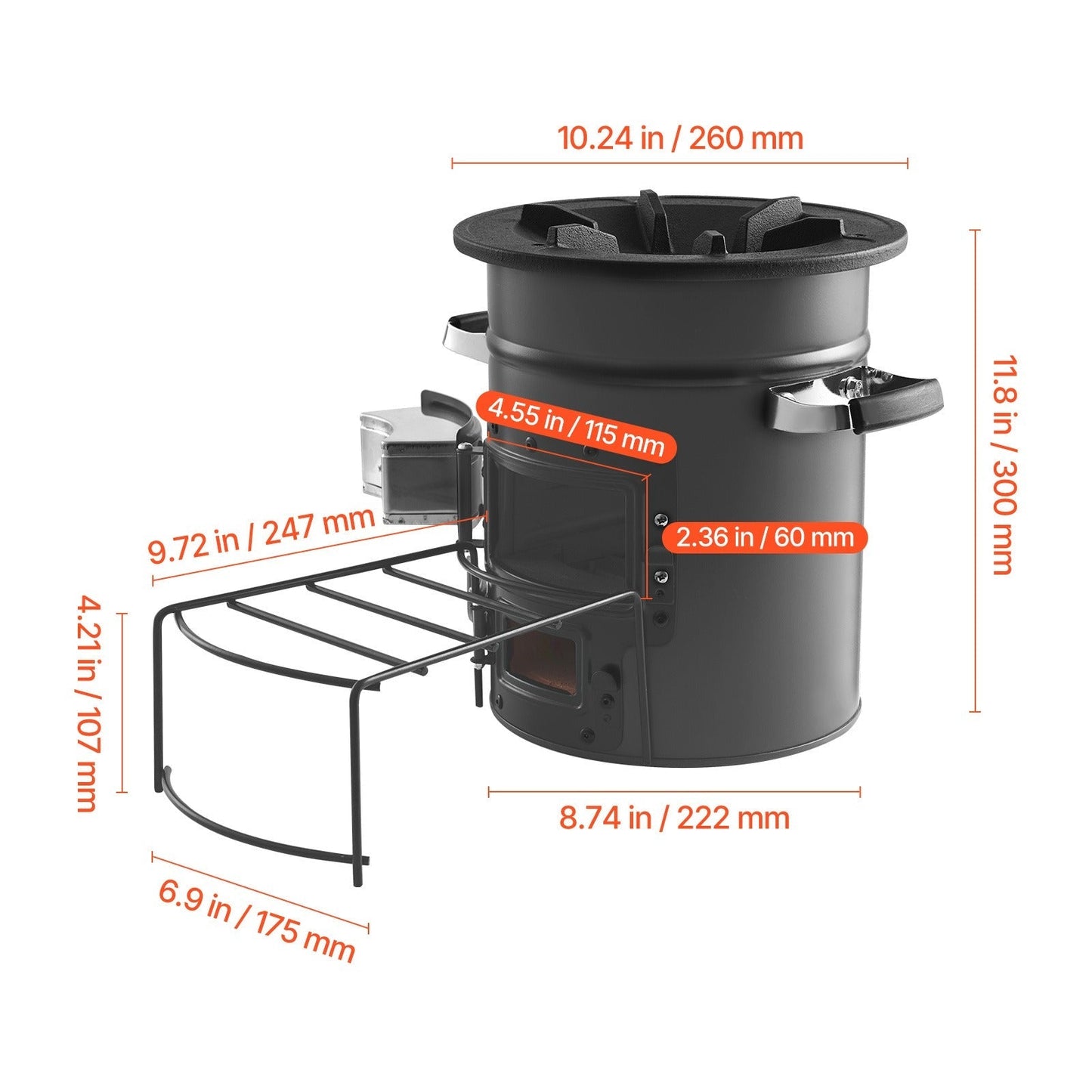 Wood Burning Rocket Stove Portable Camping Stove with Cast Iron Top, Double Door, Fireproof Lining