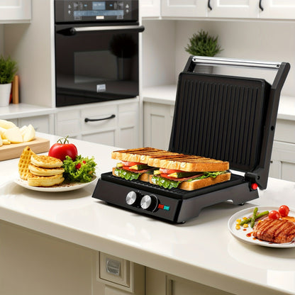 Sandwich Maker 3-in-1 Mini Indoor Grill & Panini Press, Non-Stick 180° Opening, Floating Hinge, 60-Min Timer