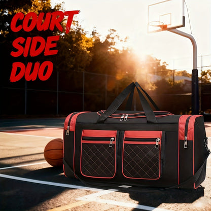 Gym Duffel Bag Large Capacity Travel Bag for Men Women Heavy Duty Polyester Multi Pocket Adjustable Shoulder Strap Zipper Closure