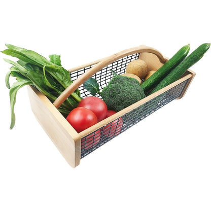 Garden Harvest Basket Metal Mesh with Wooden Handle – Rectangle Vegetable Fruit Picking Basket for Garden, Kitchen & Farmhouse Storage