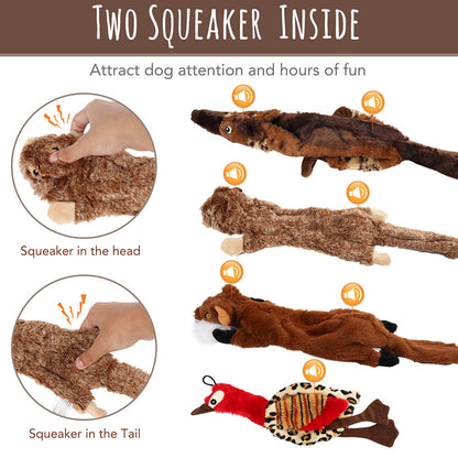 Squeaky Dog Toys 5-Pack No Stuffing Plush Chew Toy Bundle – Durable Animal Toys for Small Medium Large Dogs