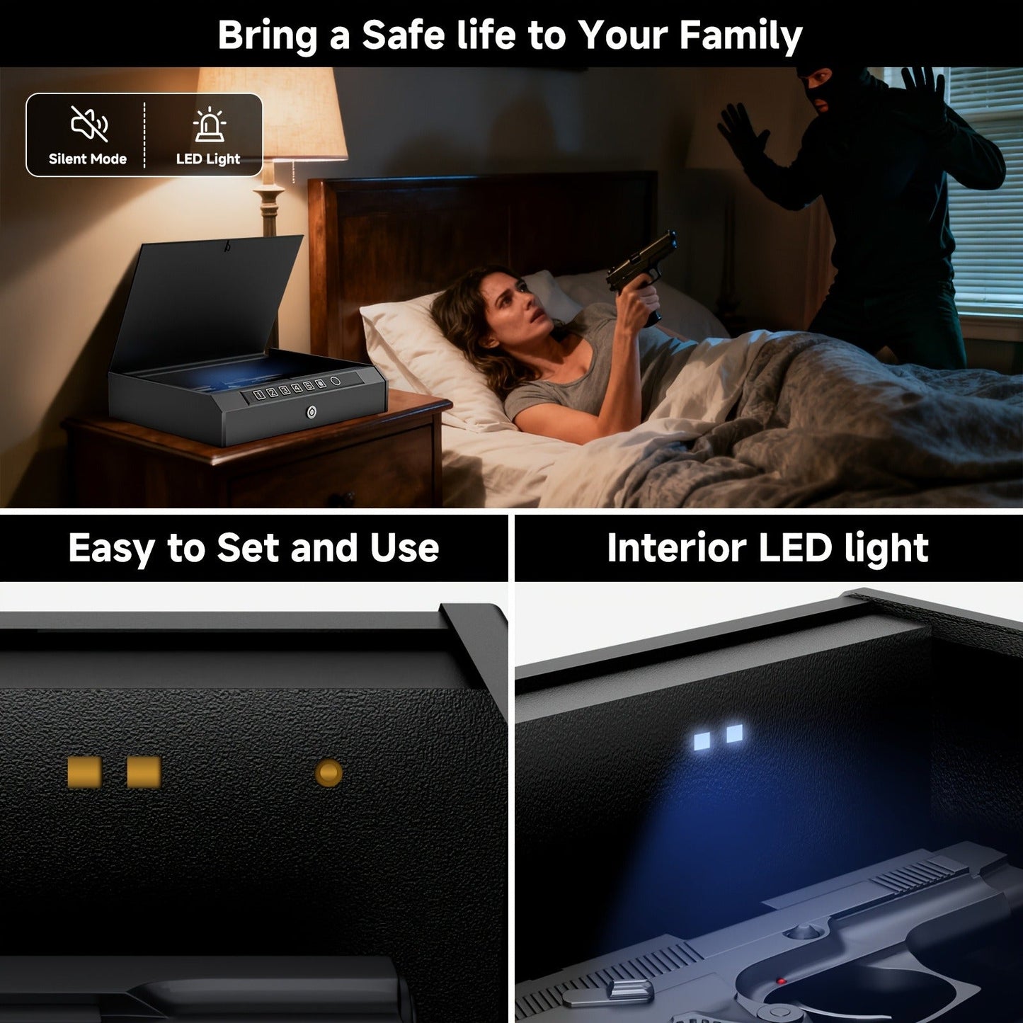 Biometric Gun Safe Fingerprint Digital PIN & Key Unlock 3-Way Access Internal Light Silent Mode Emergency Power Supply Gun Lock Box for Home