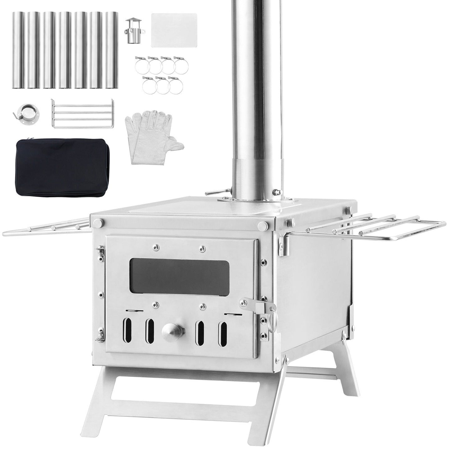 Wood Stove Camping Tent Stove 80 Inch Stainless Steel, 700in³ Firebox, 8 Accessories, BBQ Grill Plate