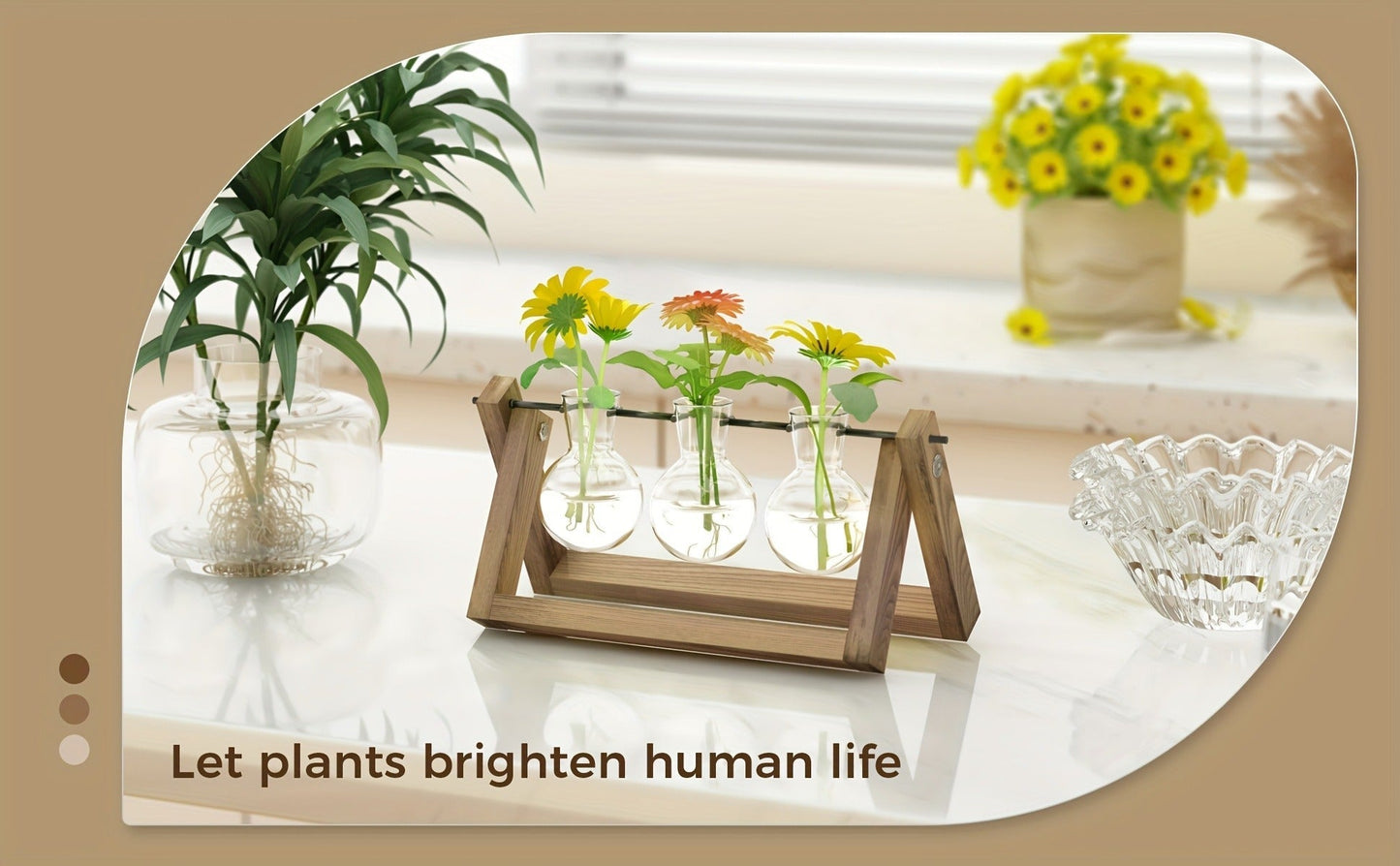Glass Terrarium Heart Shaped Hydroponic Vase with Wooden Stand – Elegant Plant Propagation Station for Home Decor